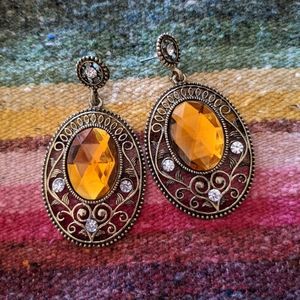 🌞🌞Statement Earrings Antiqued Gold Amber Accent BOHO Western Style